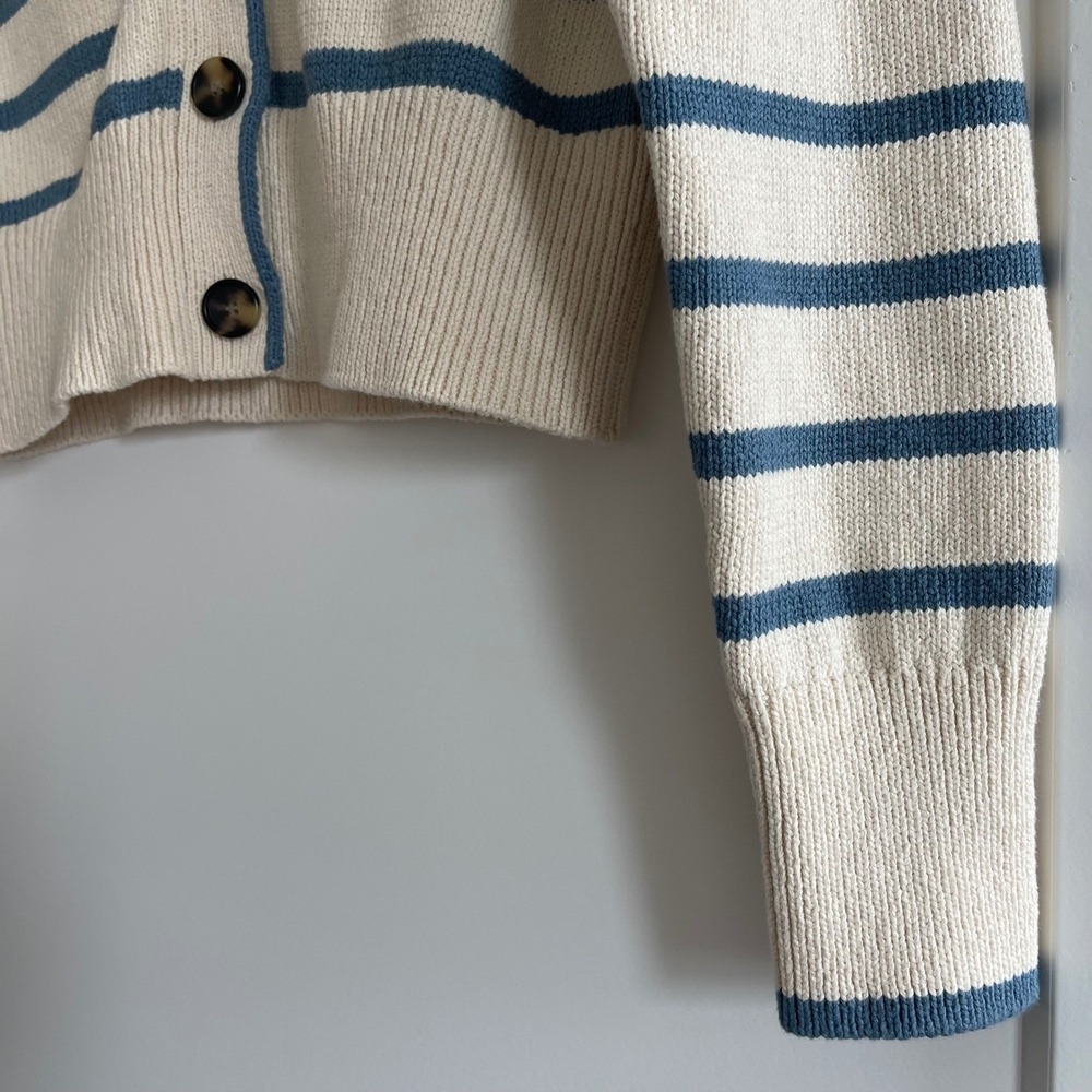 Veronica Beard Noorie Cardigan Sz Medium Ivory Blue Striped Cotton Chic Classic - Picture 10 of 16